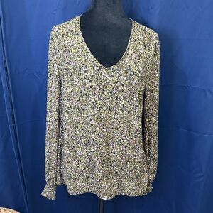 CAbi Floral V-Neck Blouse in Green and Purple